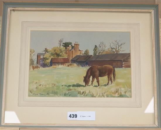 Roger Remington, watercolour, Pony in a field at Betchworth, Surrey, signed, 19 x 29cm